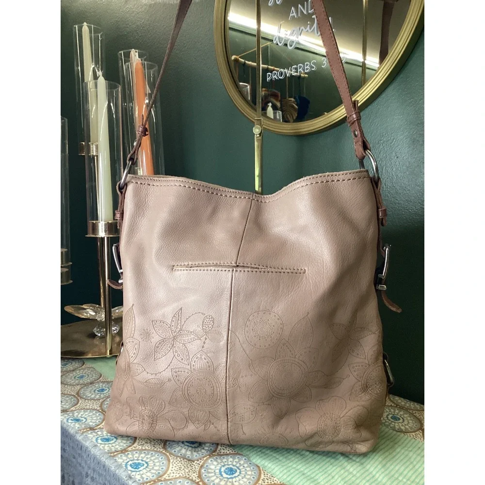 The Sak Leather Hobo Bag Taupe Embossed Floral Mandala Shoulder Bag Boho